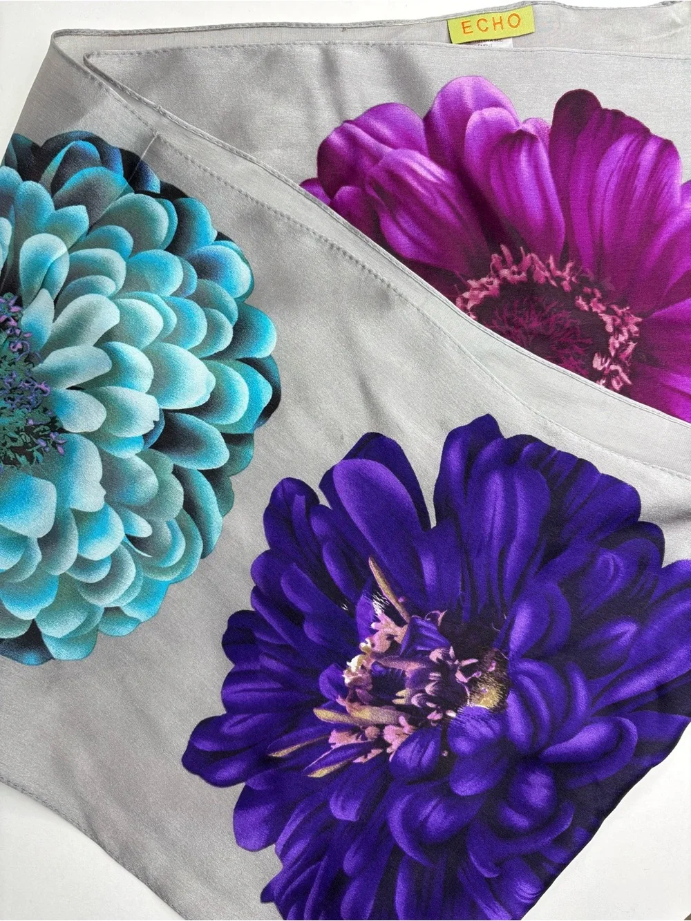 Vintage Echo Silk Scarf Silver Grey w Magenta, Teal & Purple‎ Floral Accents